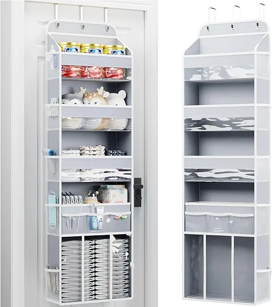 OneDream Over the Door Organizer for Nursery, 5-Tier Baby Clothes Organizer with Removable Storage Caddy, Hanging Behind Door Storage with Clear Pockets and Side Mesh Compartments, Grey