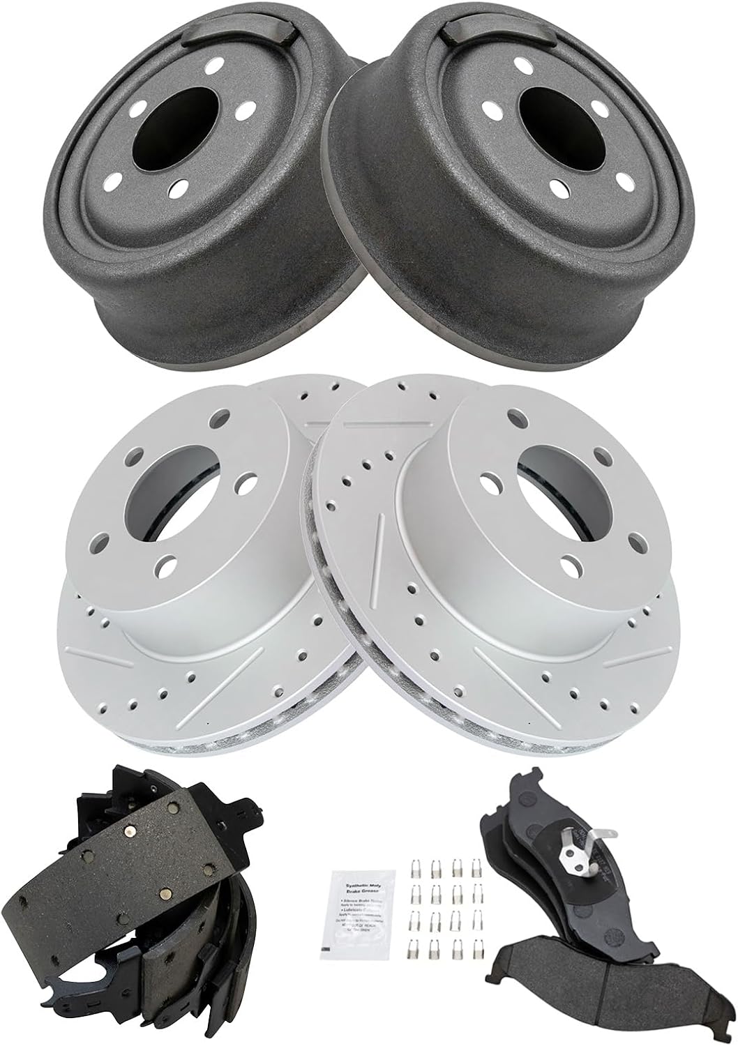 TRQ Brake Pad & Rotor,Shoe & Drum Kit Performance Semi-Metallic Compatible with 1990-1998 Jeep Cherokee 1990-1992 Comanche 1990 Wagoneer 1990-1999 Wrangler