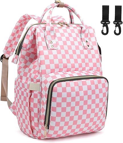 Mochila para pañales para bebé, mochila de gran capacidad, impermeable, para maternidad, viajes, con correas para cochecito, Rosa a cuadros.,