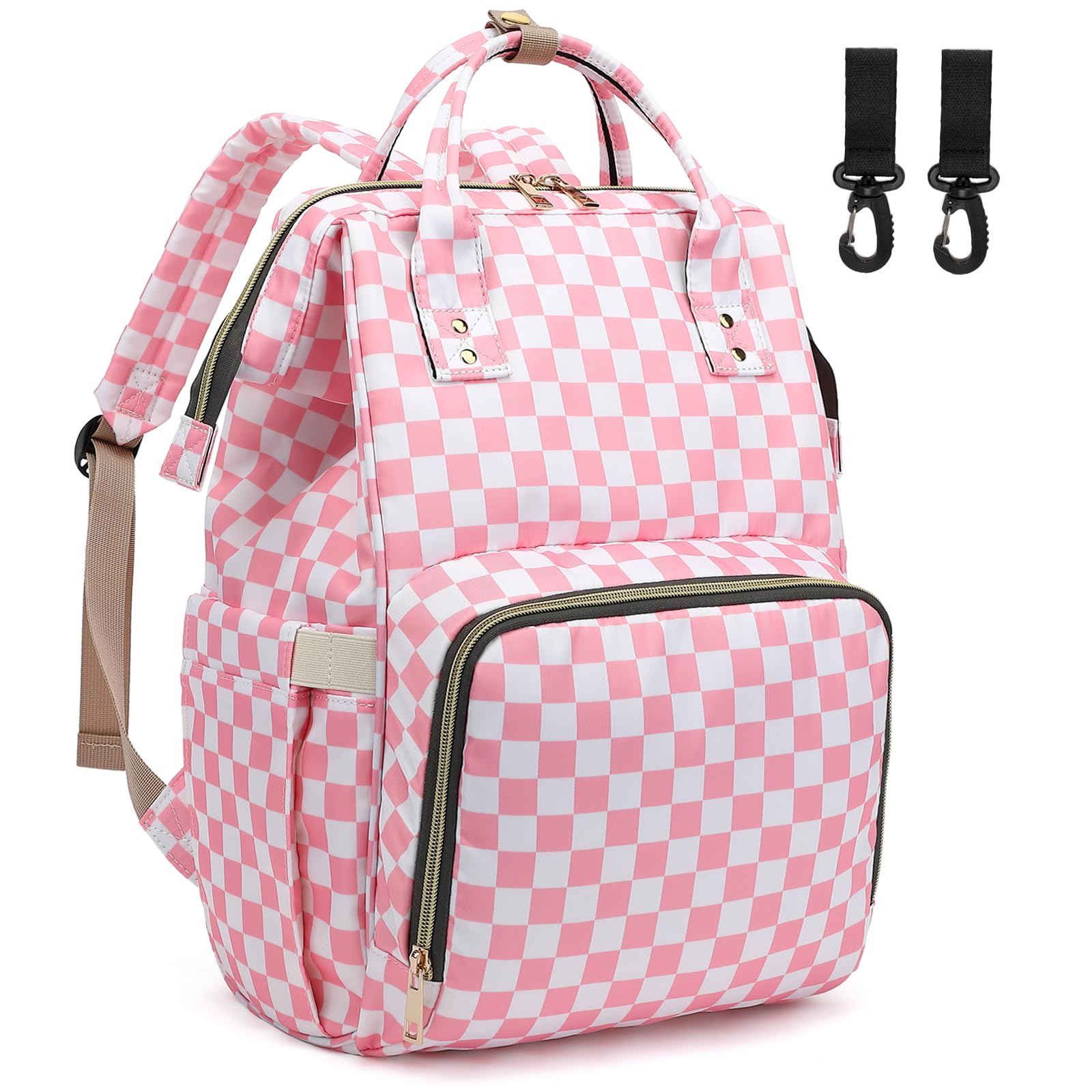 Dezcrab Checkered Pink Baby Diaper Bag Backpack for Women, Large Capacity Waterproof Maternity Travel Nappy Backpacks with Stroller Straps