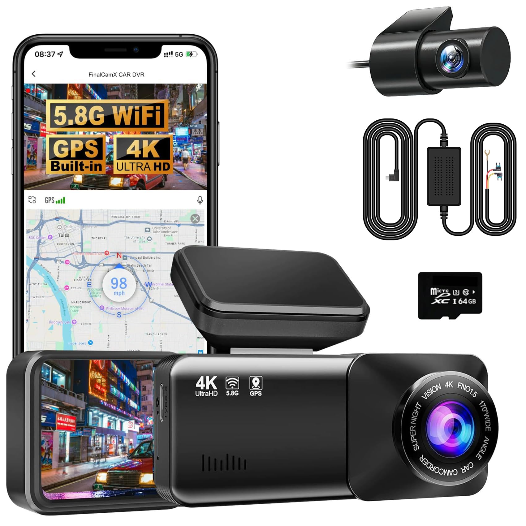 Osmo Dashcam Pro 2.0 2026 Neueste Generation 4K Dashcam mit 1080P Heckkamera, WiFi, 64GB SD Karte, Hardware Kit für 24h Parkmodus, Dual Kamera, 170° Weitwinkel, Nachtsicht, Loop Aufzeichnung
