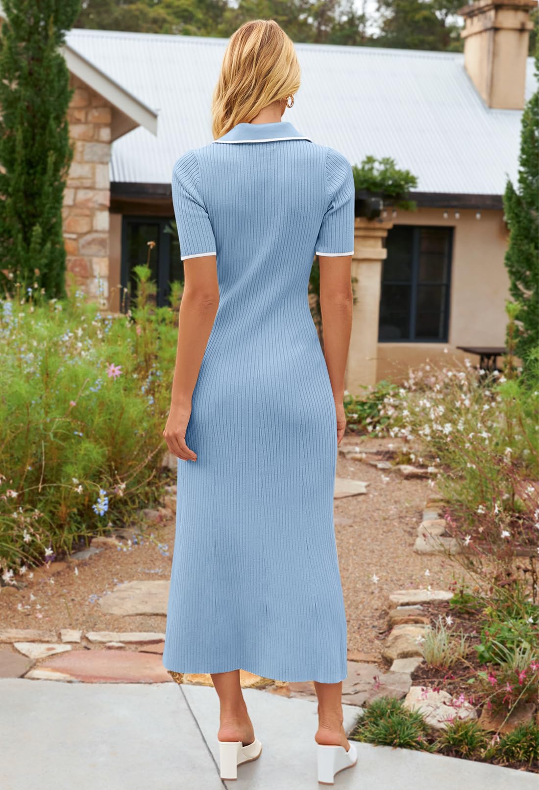 MEROKEETY Damen Womens Summer Ribbed Work Bodycon Maxi Dress Geripptes Maxikleid für Damen, figurbetont, für den Sommer