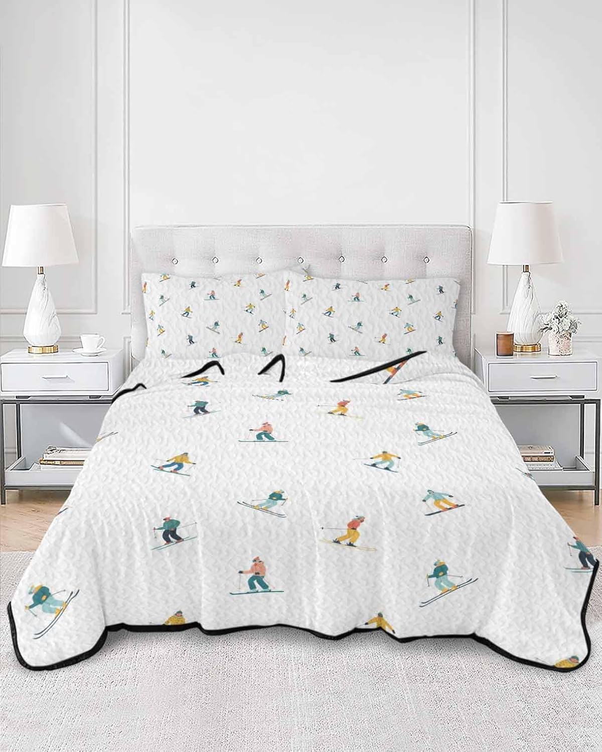 Quilts Queen Size Bedding Set, Skiing Lightweight Summer Quilt 3 Pieces Bedding Sets, Winter Snow Ski Sports Cartoon Boys Girls Skier Reversible Bedspreads Coverlets with 2 Pillow Shams for All Season