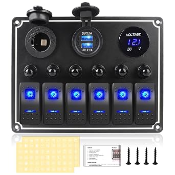 Marine Boat Rocker Switch Panel,Waterproof 6 Gang Multi-Function Toggle Light Switch Panel with Dual USB and Voltmeter Panel for RVs, Cars, Boats, Trucks,Trailers - 12-24V Blue