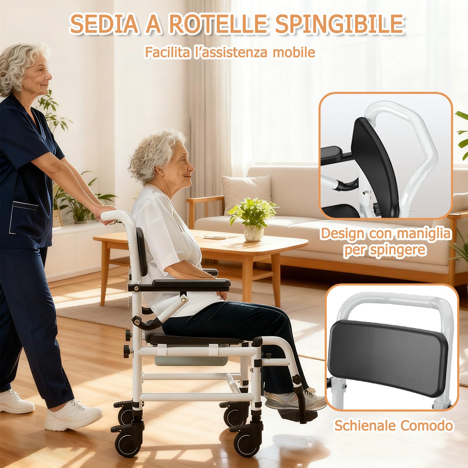 NJUN Sedia da Doccia con Ruote, Sedia Comoda e Doccia Mobile per Anziani e Disabili, Sedia da Bagno Altezza Regolabile in Alluminio con Braccioli Ribaltabili, Poggiapiedi Staccabili e Seduta Imbottita