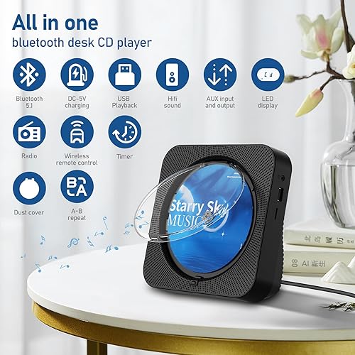 Miniatura 6 de Reproductor de CD portátil Bluetooth 5.1 reproductor de CD de escritorio con altavoces de sonido de alta fidelidad, control remoto, cubierta