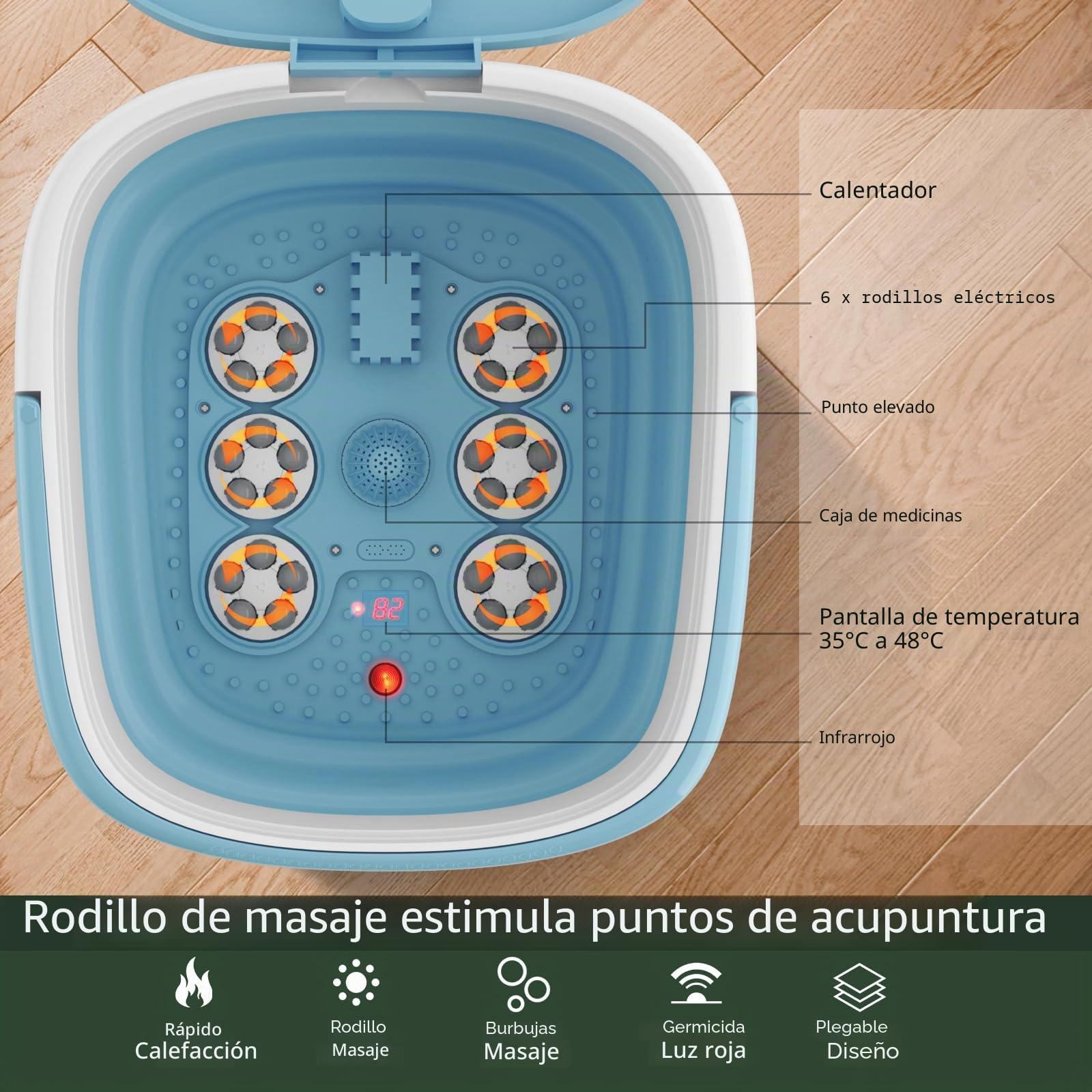 HOMASIS - Baño de Pies Plegable Eléctrico con Masaje, Rodillos y Burbujas, Spa para Pie con Temporizador y Mando a Distancia, Gris/Azul (Azul)