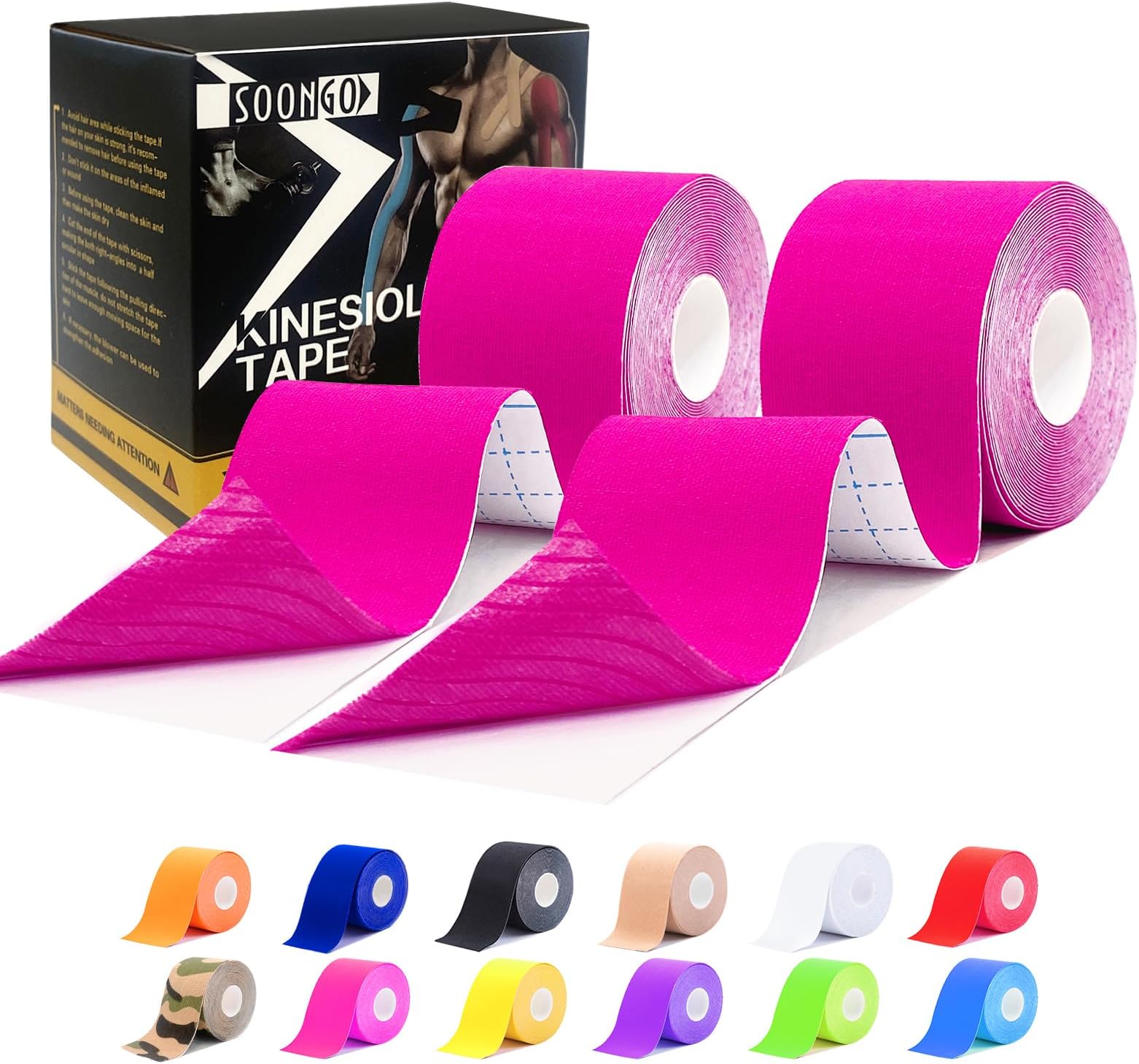 Kinesiology Tape,2 ih x 16.4 ft Uncut Athletic Tape, Waterproof Breathable Latex-Free, Muscle Recovery & Joint Support, Pink (1/2/5 Rolls)