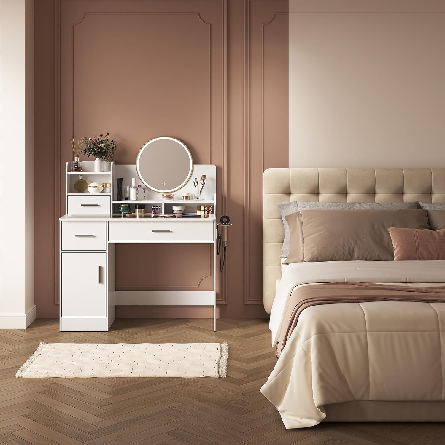 Vanity Desk with Mirror and Lights, White Makeup Vanity Desk with Power Outlet, Tawny Glass Top Vanity Table with Cabinet, Shelves & Drawers, Dressing Table for Bedroom, 3 Lighting Mode