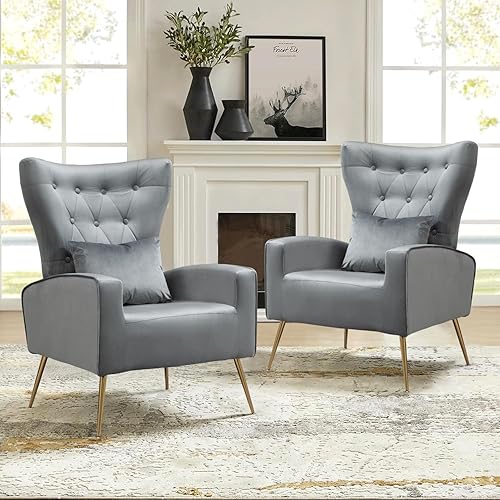 Miniatura 36 de Juego de 2 sillas de acento de terciopelo, silla de brazo de mediados de siglo con respaldo alto alado y abotonado, sillones para sala de estar y