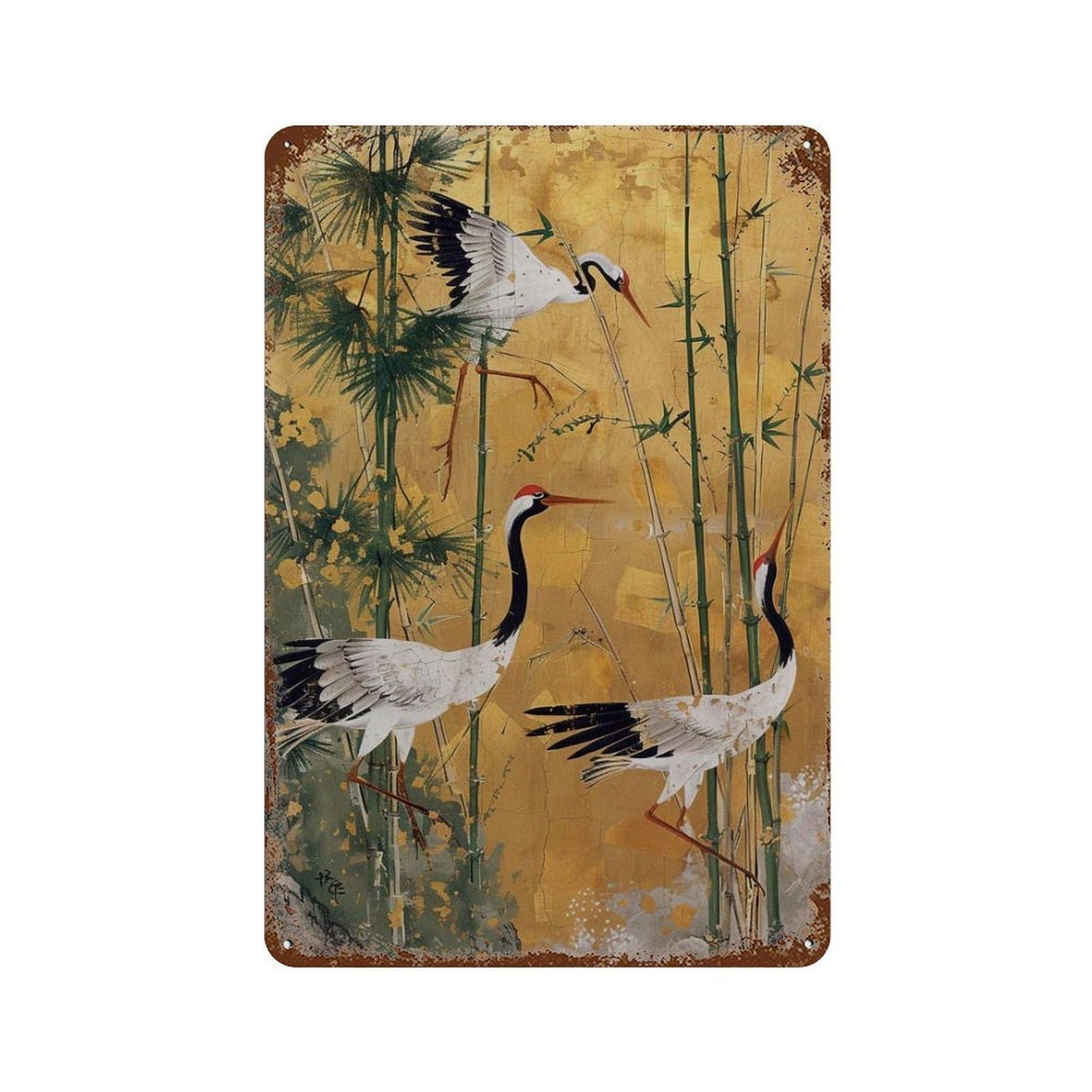 xiaoxiaoshen Japanese Crane Traditional Asian Gold Bamboo Oriental Bird Work Elegant Wall Decor Art Metal Tin Poster Modern Home Decor Art Home Bar Shop Decorations Vintage Sign 30x20cm