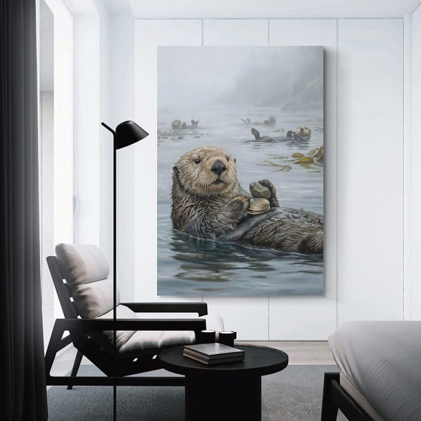 Junmoney Canvas Art Print Sea Otters in Misty Waters, 20x30inch(50x75cm), for Feature Walls in Flats Or Modern Rooms, Wall Decor Suited to Curated Displays