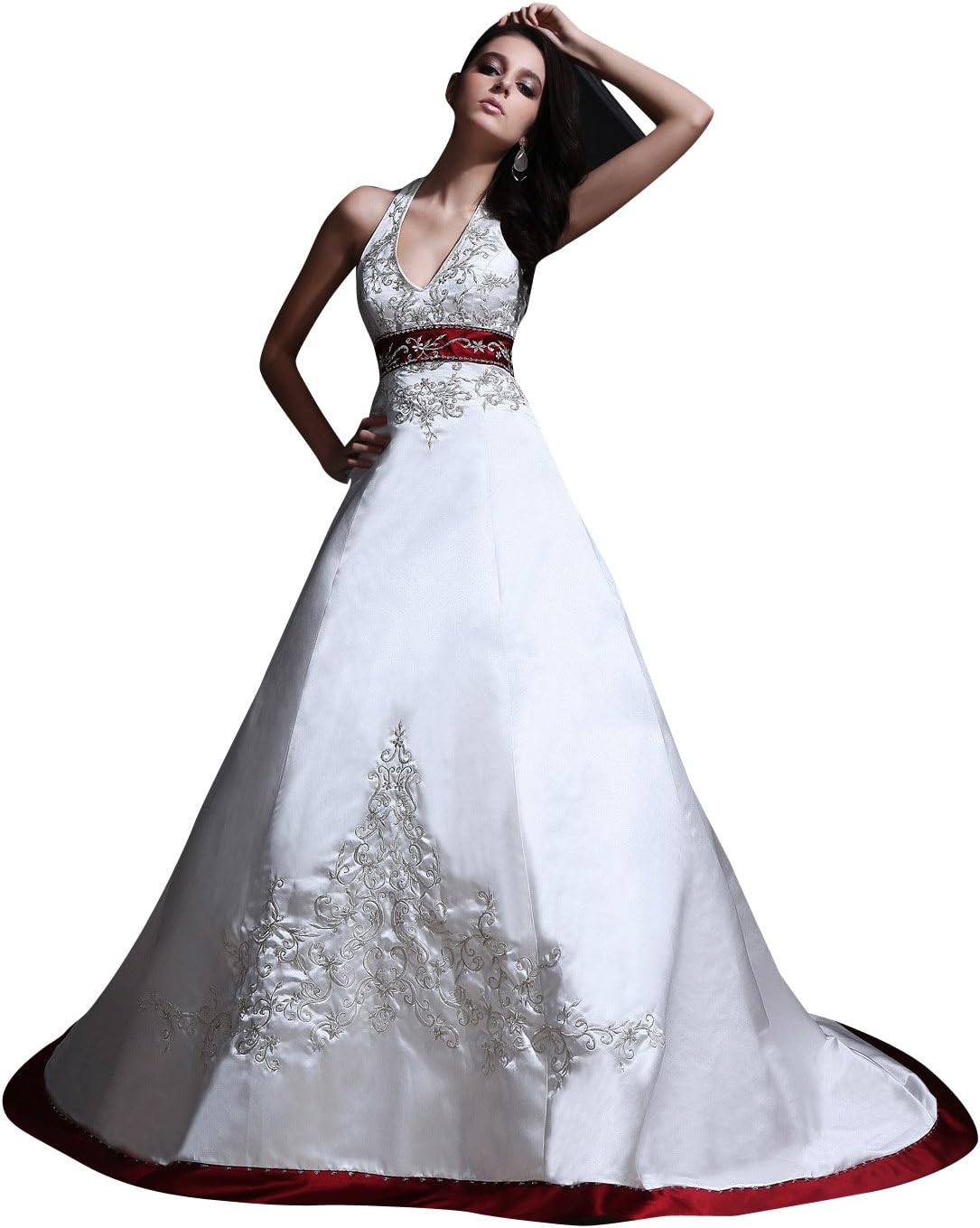 JOLLY BRIDAL Satin Embroidered Halter Style Wedding Dress, Ivory, Size 26W