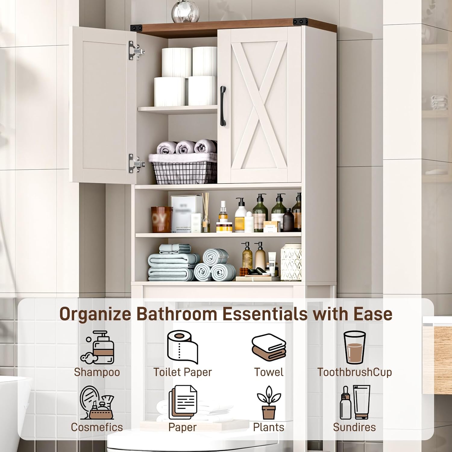 Vabches Over The Toilet Storage Cabinet, Bathroom Organizer with 2 Barn Doors, Farmhouse Space-Saving Toilet Rack with Adjustable Shelf,for Bathroom, Toilet, Laundry Room
