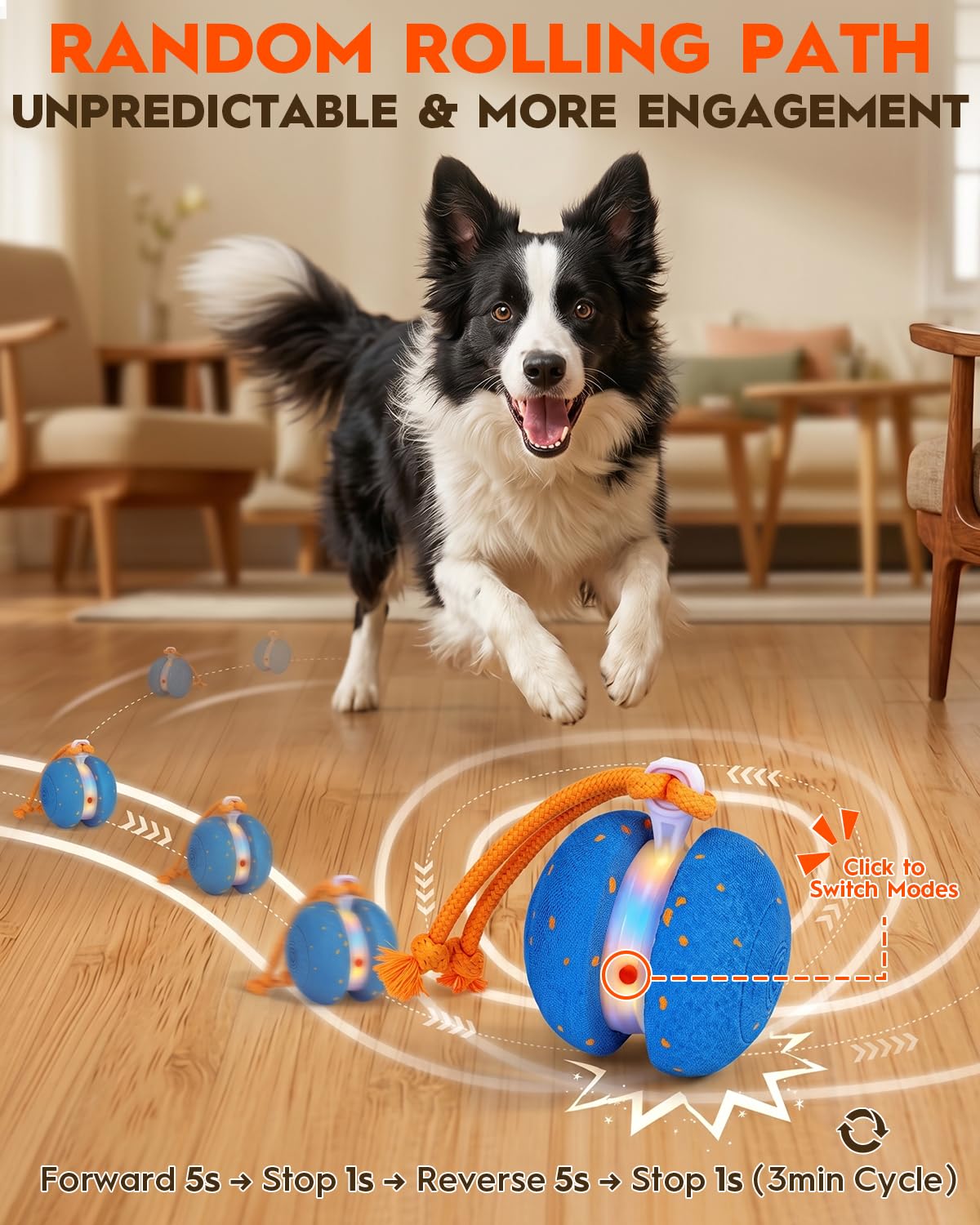 Xeuch Jouets interactifs pour chien, balle automatique irrégulière et roulante pour chien avec 2 modes de vitesse, matériau E-TPU, jouets pour animaux de compagnie activés par le mouvement avec corde