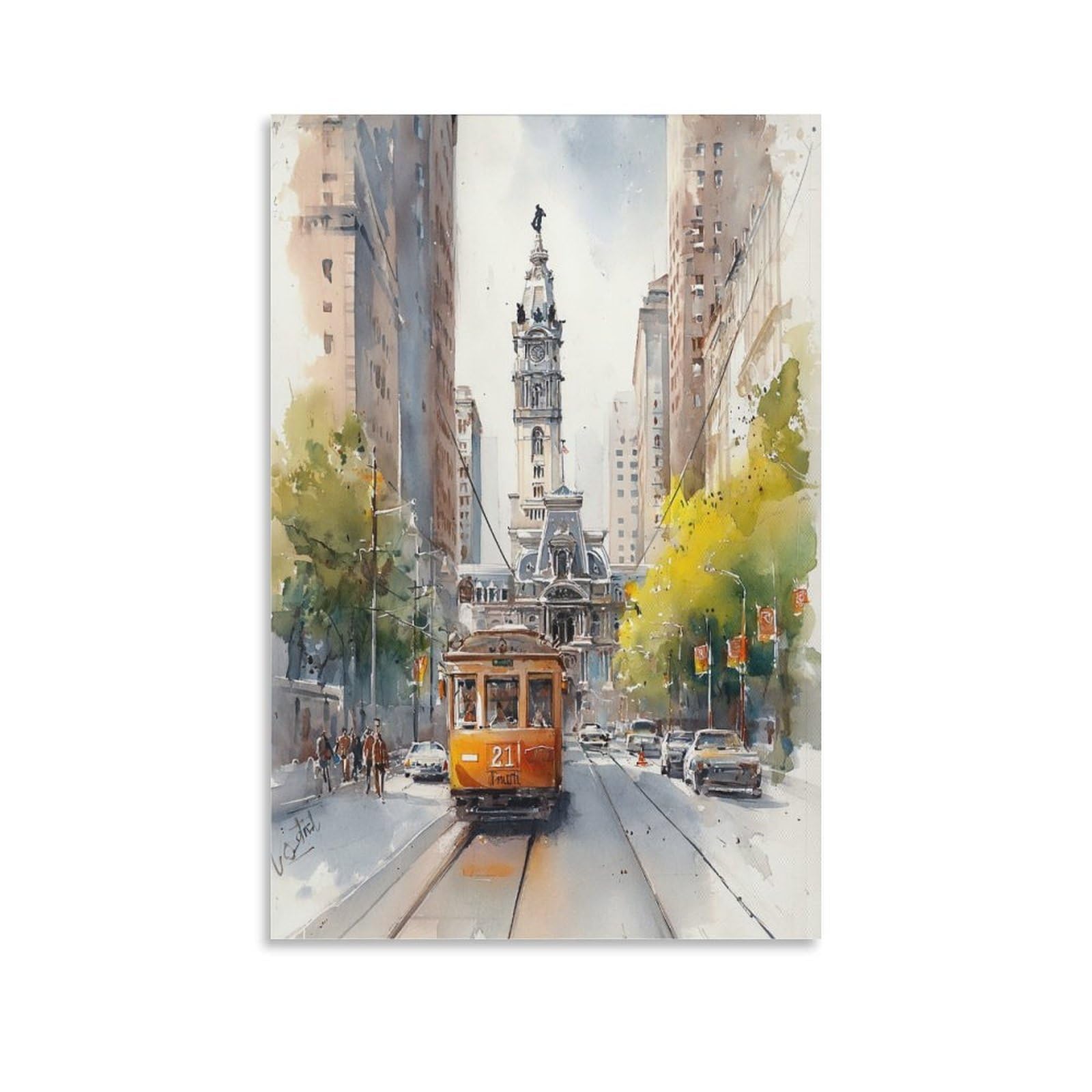 XWYMXZ Philadelphia Trolley Car 20x30inch(50x75cm) Vintage Travel Poster Watercolor Canvas Art