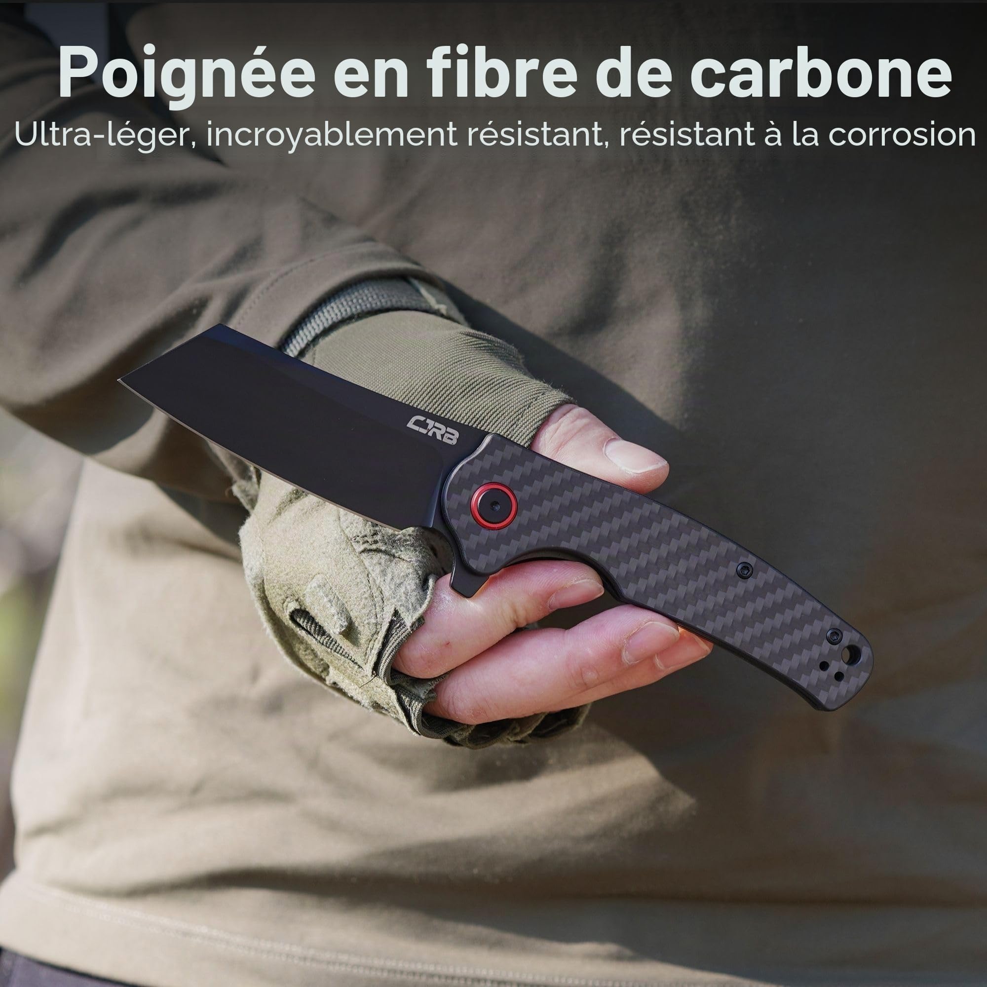 CJRB Crag Folding Pocket Knife, 8.2cm AR-RPM9 Steel Blade Carbon Fiber Handle EDC Knife with Pocket Clip for Men Women Camping Survival Hiking, Black (J1904)