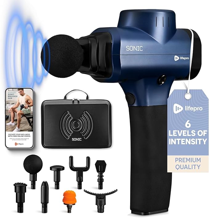 Sonic Handheld Percussion Massage Gun – Deep Tissue Massager for Sore Muscle and Stiffness – Quiet, 5 Speed High-Intensity Vibration – Quick Rechargeable Device – Includes 8 Massage Heads