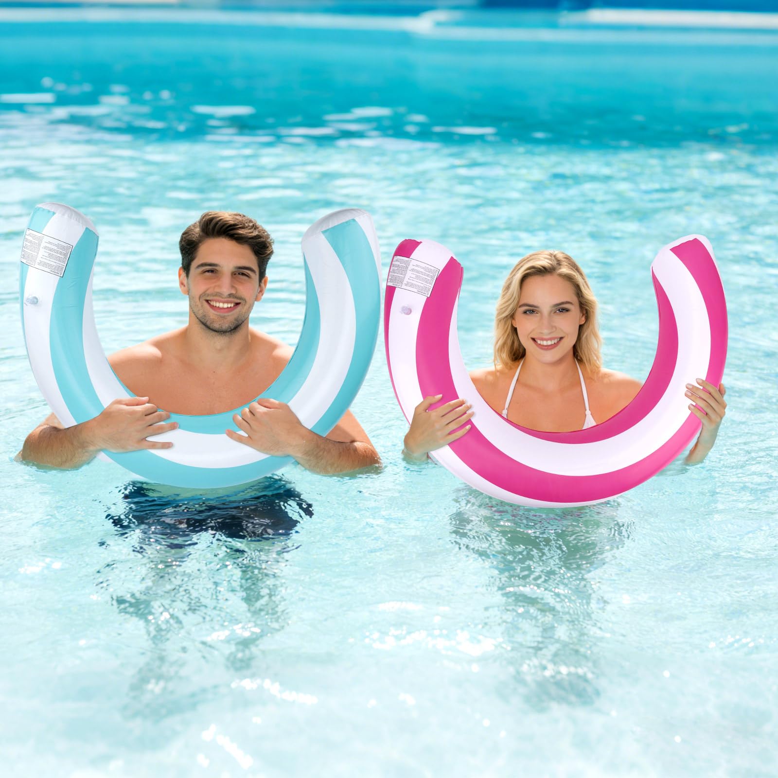 Penitue 2pcs Inflatable Pool Noodles, 2 Colors Durable Stripe Inflatable Curved Swimming Pool Noodle Floats Suitable for Beach Vacation Water Games Supplies