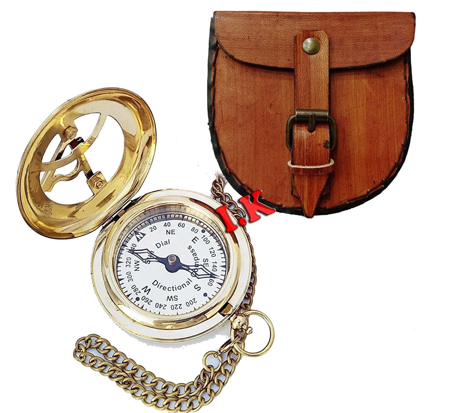 generic 2" Brass Sundial Compass Push Button Nautical Push-Button Navigation with Leather case-picture-16