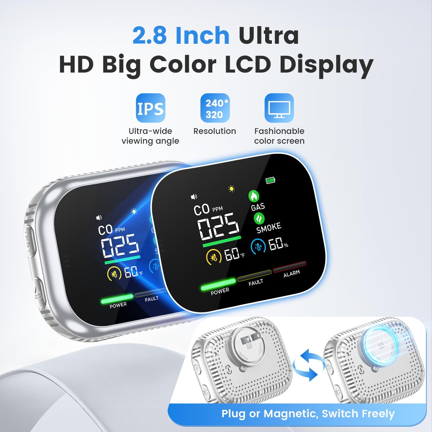 2026 New Multi-Function Detector,6-in-1 Plug in Detector with HD Digital Display and Magnetic Base, Backup Battery,for Home, Kitchens, Hotel (1Pcs*Silver) — view 3
