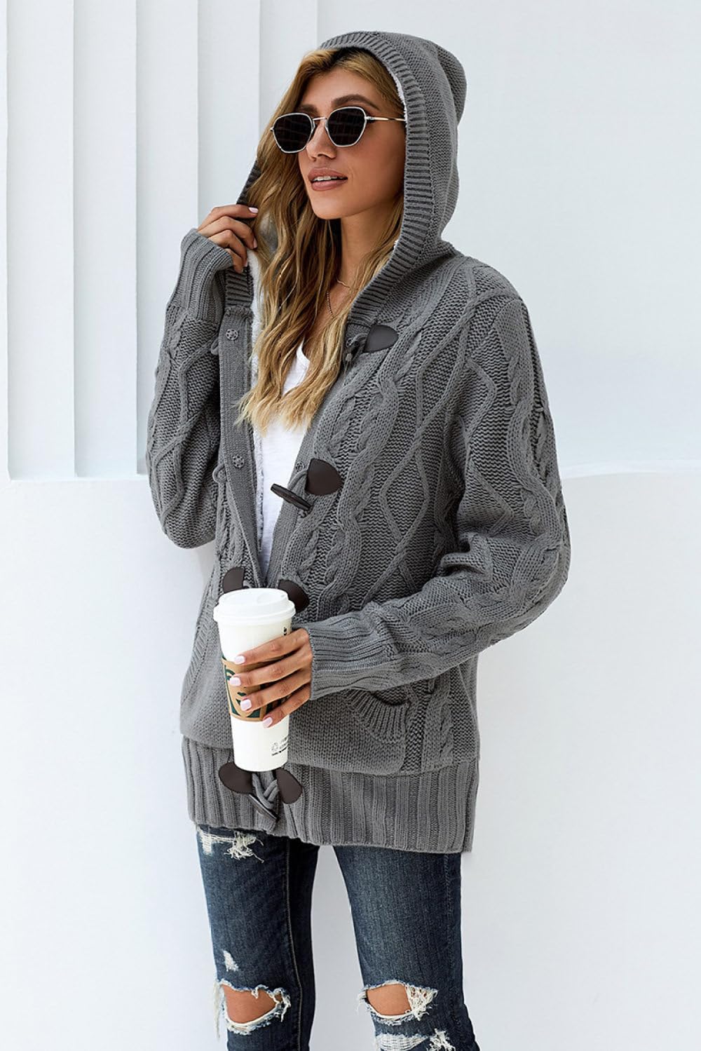 Grobe Strickjacken Mit Kapuze Für Damen Grau Mit Zopfmuster Fleece Gefüttert Strickjacken Offene Vorderseite Hornschnalle Damenpullover Mantel Warme Winterjacke Strickpullover Oberbekle