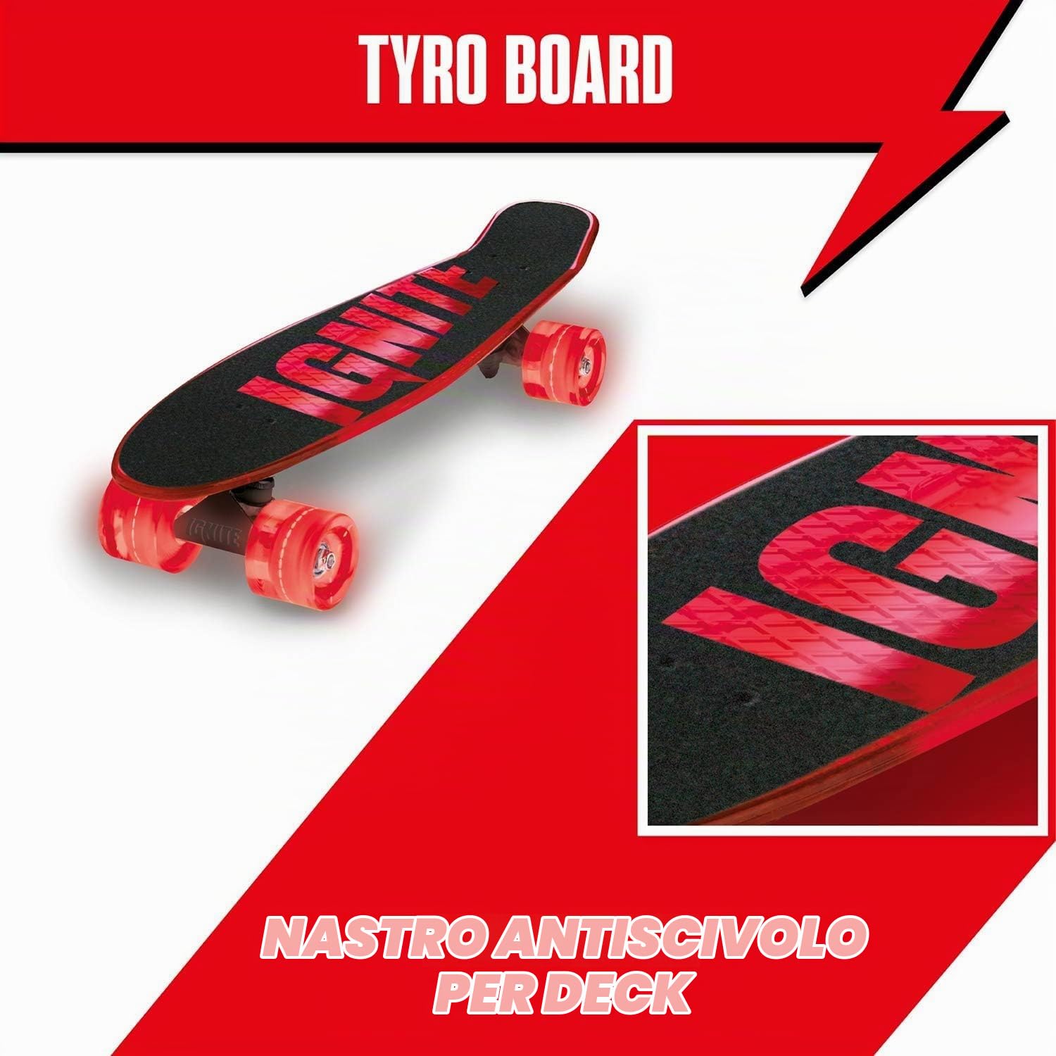 Mondo Toys - Ignite Tyro Red - Skateboard ruote poliuretano luminose - pedana misura 55 x 15, Colore Rosso, 25543