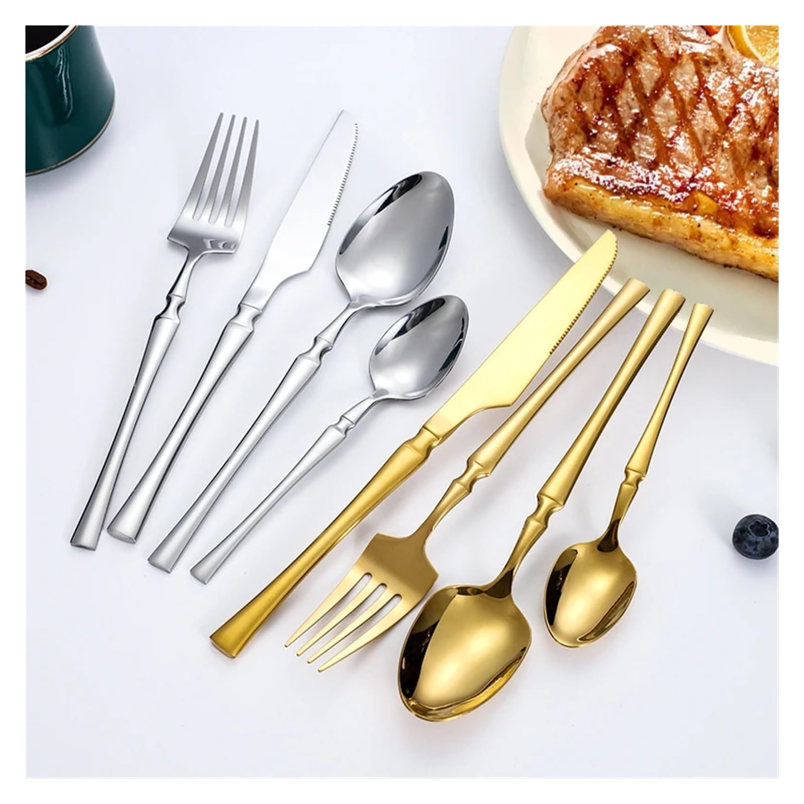 Juego de cubiertos de acero inoxidable de 24 piezas, acabado plateado | Set de vajilla con cuchara, tenedor y cuchillo para hogar y comedor comercial(30pcs silver)