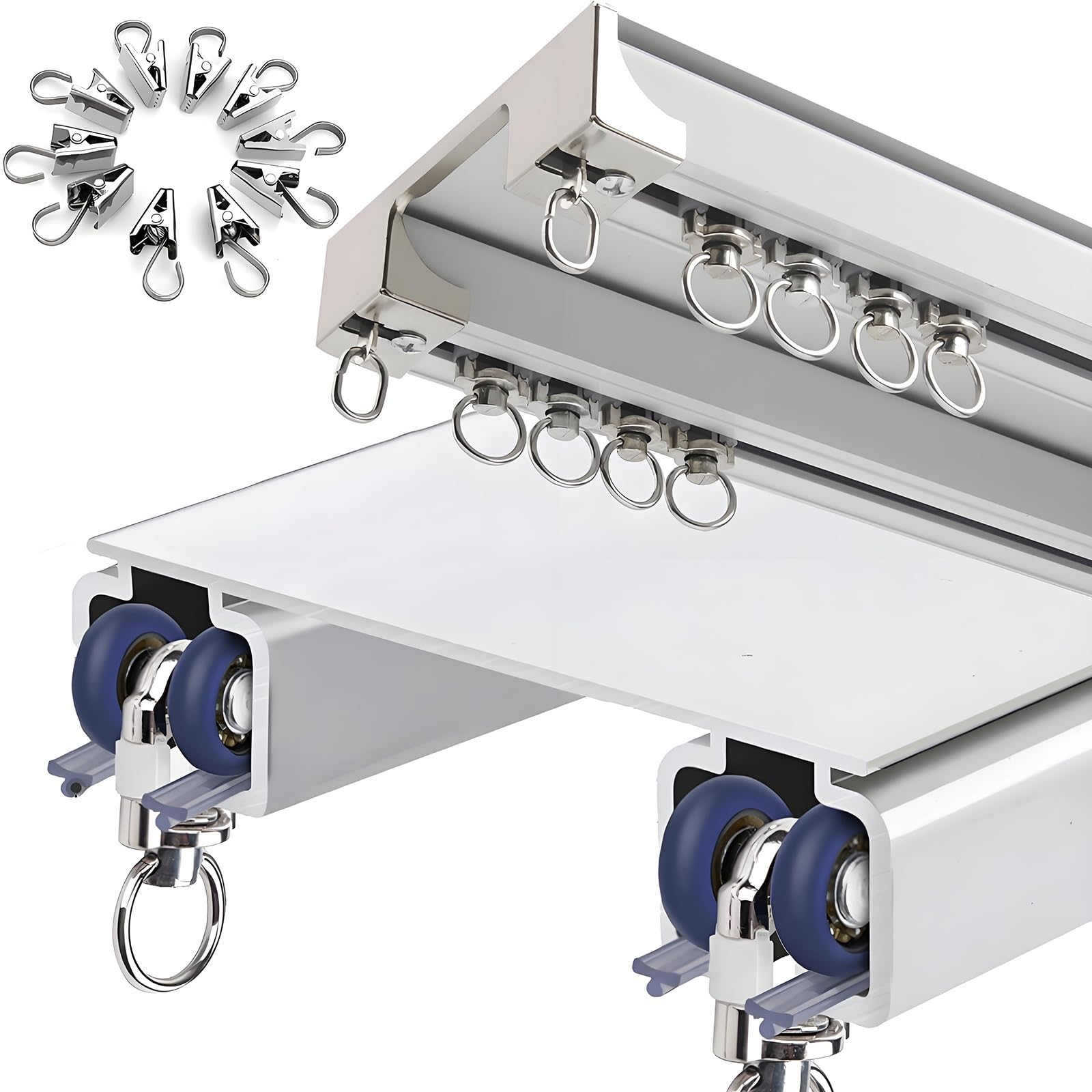Vorhangschiene 2-läufig, Gardinenschiene Deckenmontage mit Gardinen Clips, 50cm 100cm 240cm 300cm 350cm 450cm 600cm Doppelte Vorhangstangen mit Leiser Gleitfunktion(White,600cm)