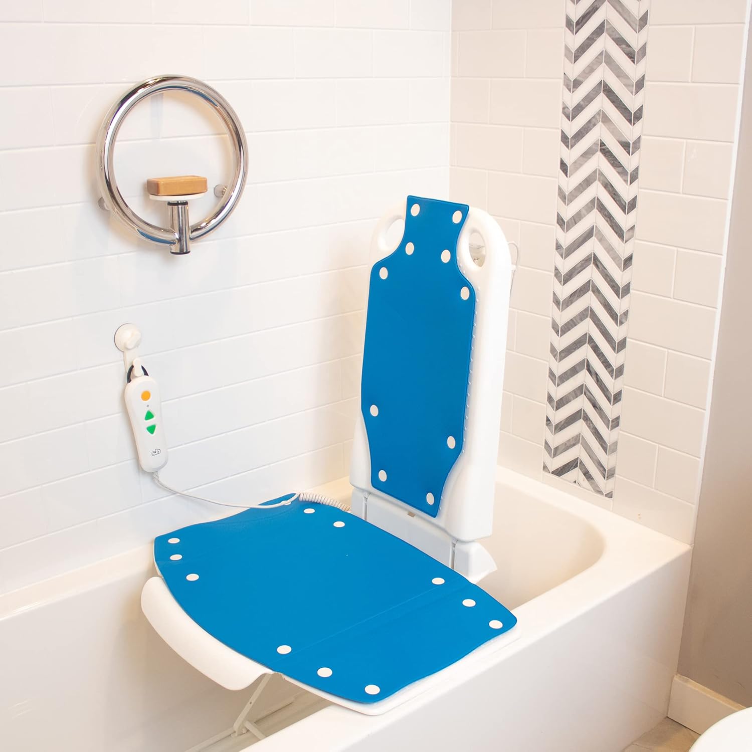 Showerbuddy Lightweight Power Charged Reclining Bath Lift Chair | Battery Operated Remote Control | Backrest Reclines 45° Support | 2.5 Hour Recharging Time | 300lb Weight Capacity (Blue) : Health & Household