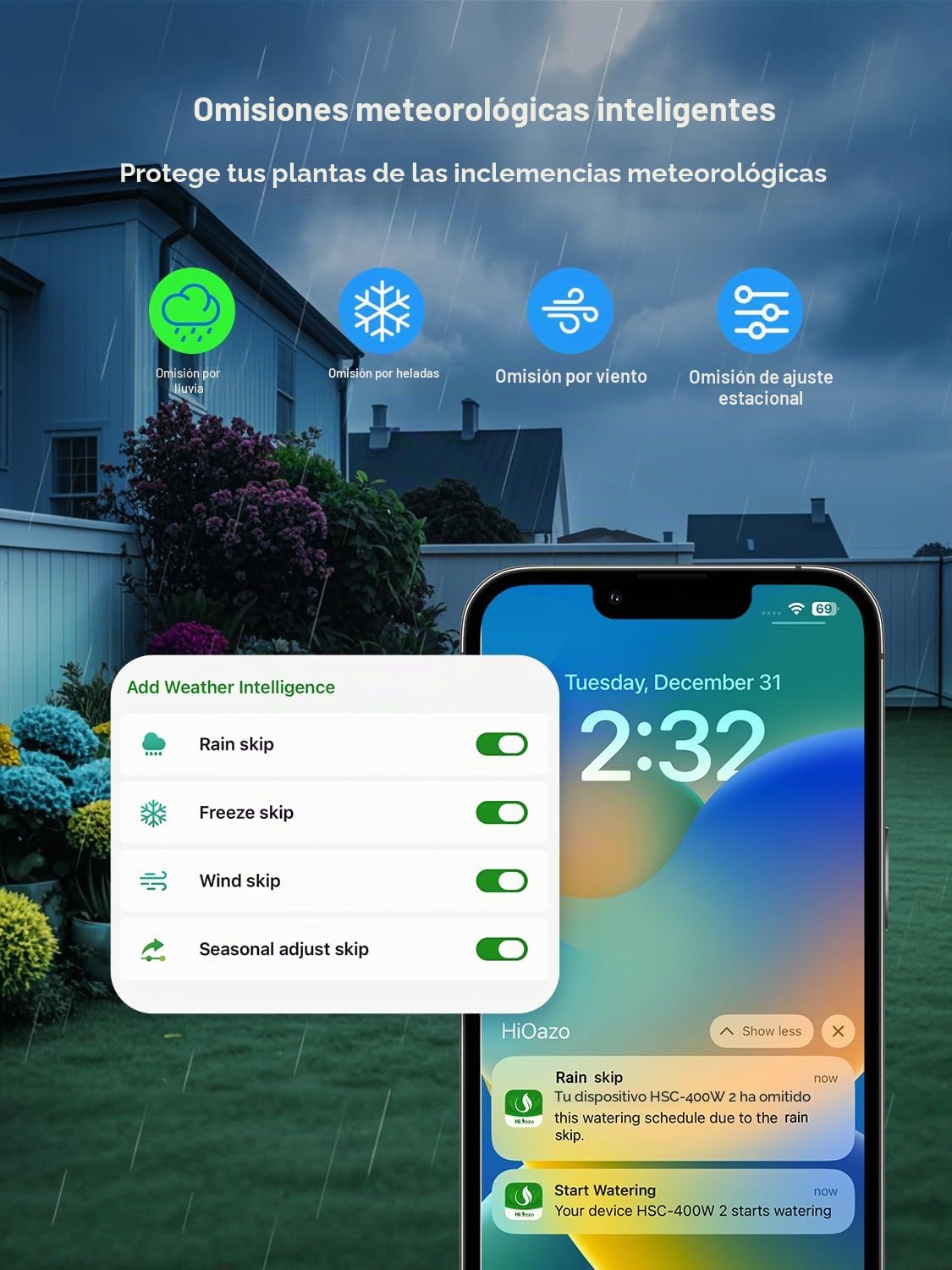 HSC-400W Programador de Riego Inteligente WiFi 4 Zonas 24VAC, Salto Automático por Clima, 16 Programas Personalizables, Protección contra Golpe de Ariete, Riego Manual para Jardín, Césped, Azul