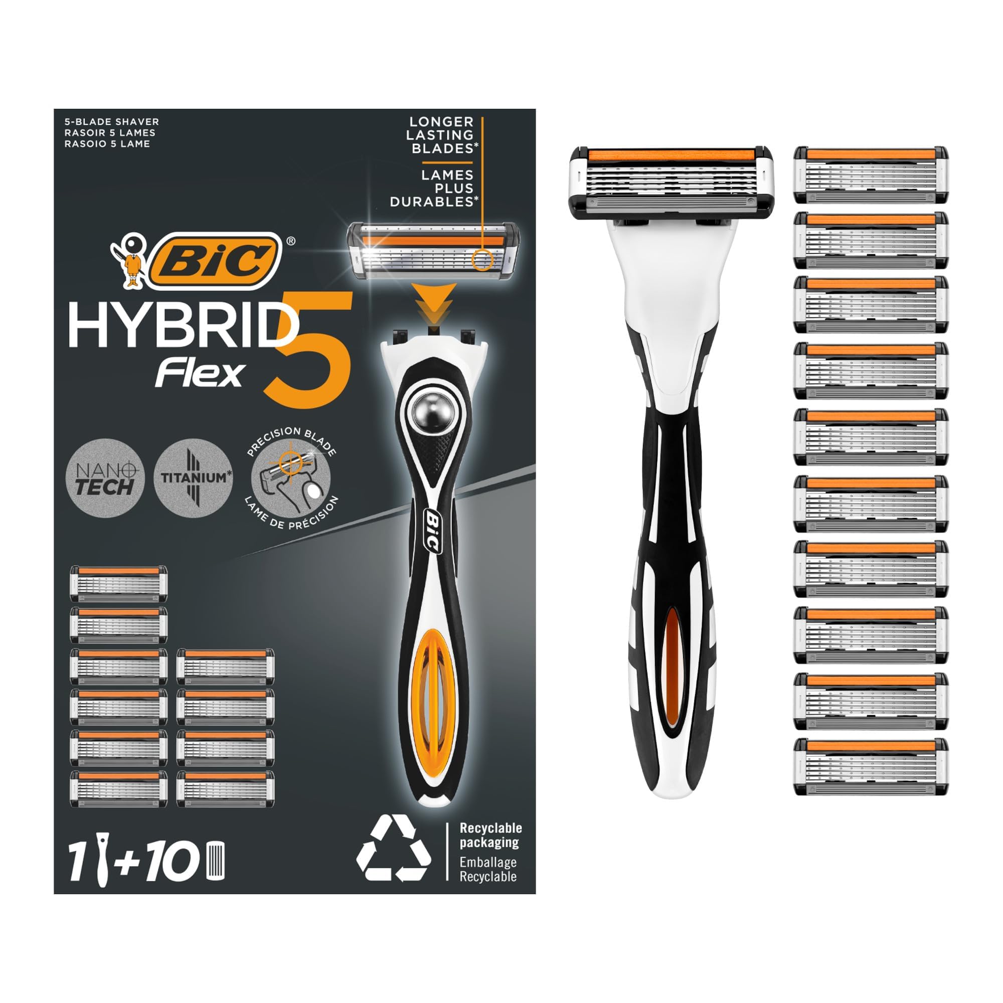 Hybrid 5 Flex Refillable Men's Razor, 1 Weighted Handle and 10 Nano-Tech Titanium 5-Blade Refills with Precision Blade - Bundle of 1+10