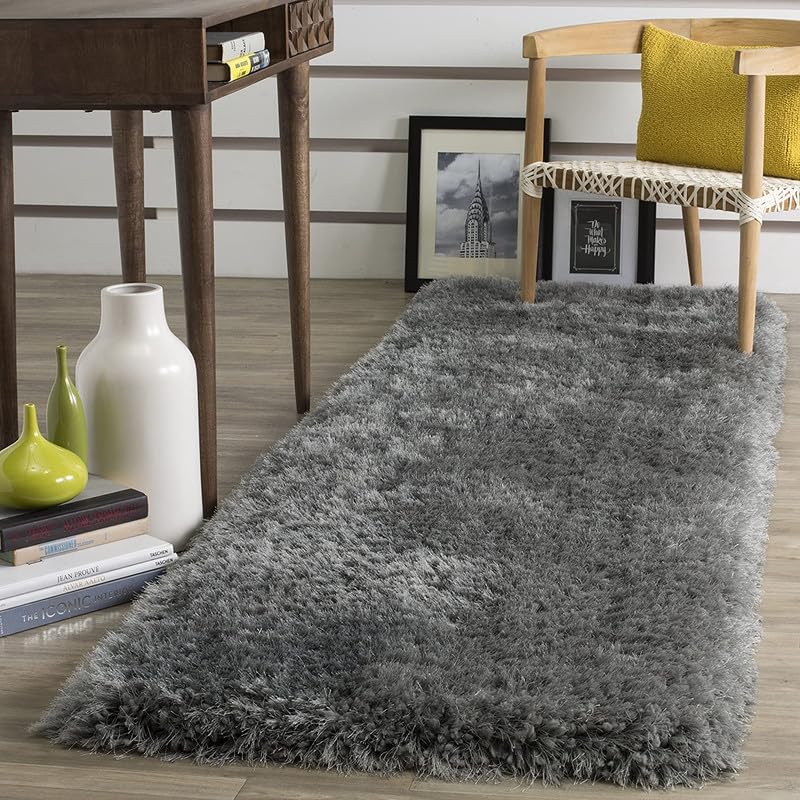 Image of Anti Slip Plain Shaggy Fluffy Fur Bedside Runner Rug, Carpet for Living Room, Floor Mat, Bedroom, Kitchen (Silver, 2X6, Microfiber)