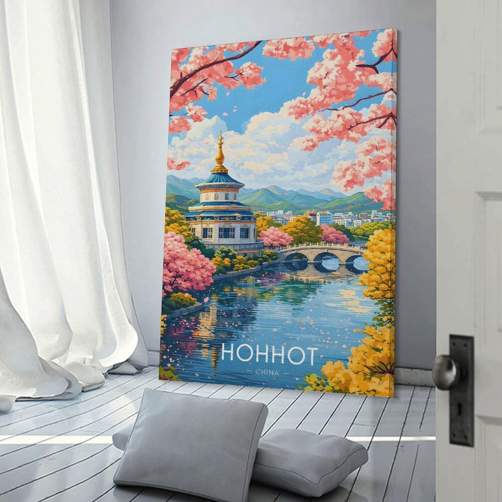 Junmoney Frame-Style-11-1 Hohhot China Cherry Blossom Scenery Wall Picture Print, 20X30inch(50X75cm), For Lounge, Study, Hallway Or Flat Walls, Canvas Wall Art That Fits Changing Layouts