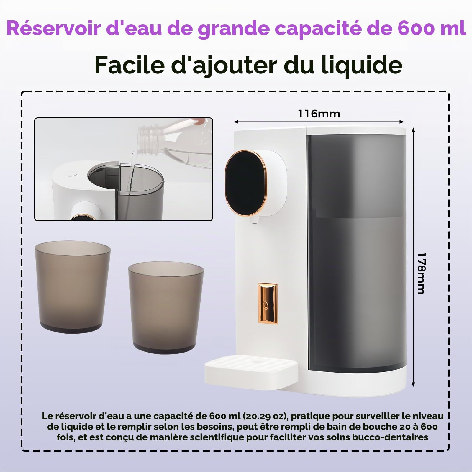 Distributeur Bain de Bouche, 600ml Distributeur Automatique de Rince-Bouche pour Salle de Bain, Bouteille Bain de Bouche Électrique avec 2 Gobelet Magnétiques, Accessoire Salle de Bain