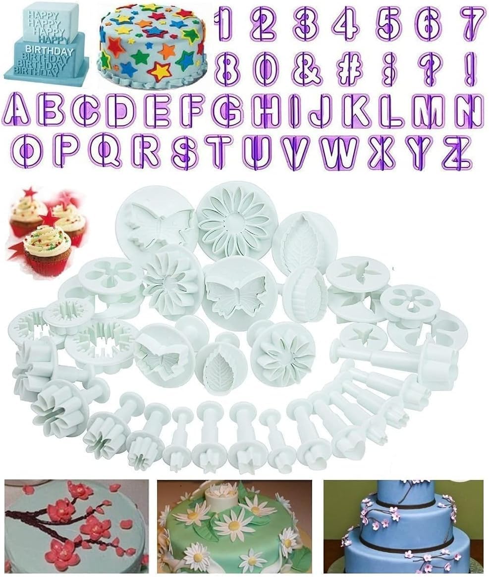 73 Pcs Fondant Cake Cookie Plunger Cutter, Cake Cookie Tool Set, Sugarcraft Alphabet Letters DecoratingTools, Sunflower Rose Leaf Butterfly Heart Star Carnation Hollow Calyx Cutter Molds