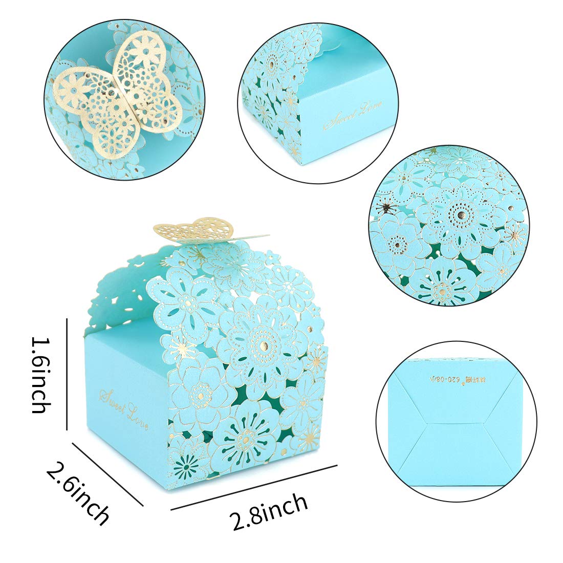 Kslong 50 Stück/Set Blumen Schmetterling hohle Süßigkeiten Box Kekse Geschenkboxen Romantische Hochzeit Gastgeschenke Niedliche Schokoladenbox für Hochzeit Braut Geburtstag Party Zubehör (Blau, S)