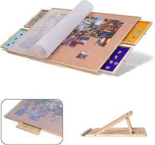 Tektalk Jigsaw Puzzle Table with Integrated Adjustable Stand/Bracket and Removable Cover, 3-Tilting-Angle Wooden Plateau Portable Puzzle Board with 4 Sorting Drawers, for Up to 1500 Pieces