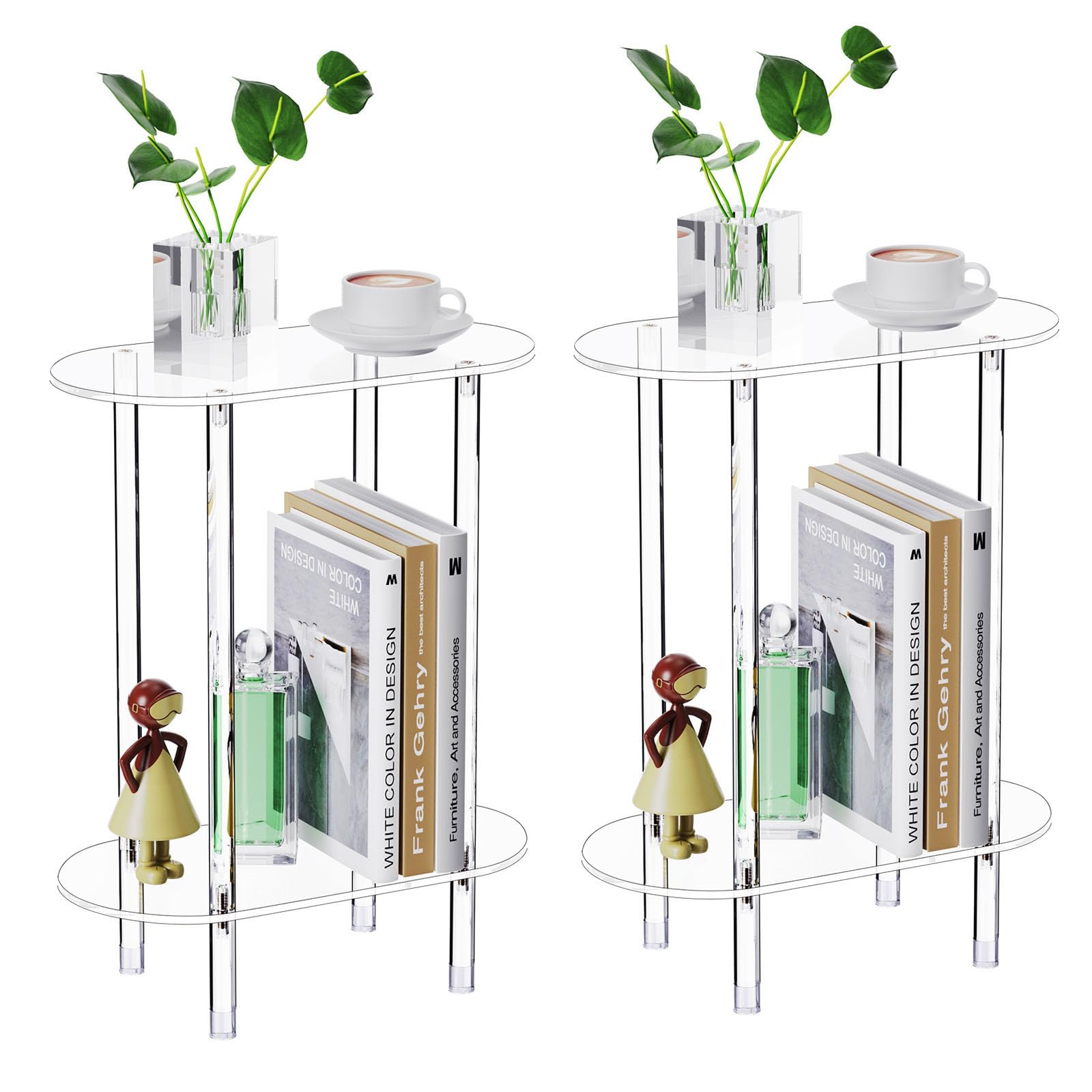 Bkemiy Clear Acrylic Narrow Side Table Set of 2 for Small Spaces, 15.75" L x 7.87" W x 19.82" H, 2 Tier Oval Slim End Table Nightstand, Small Skinny
