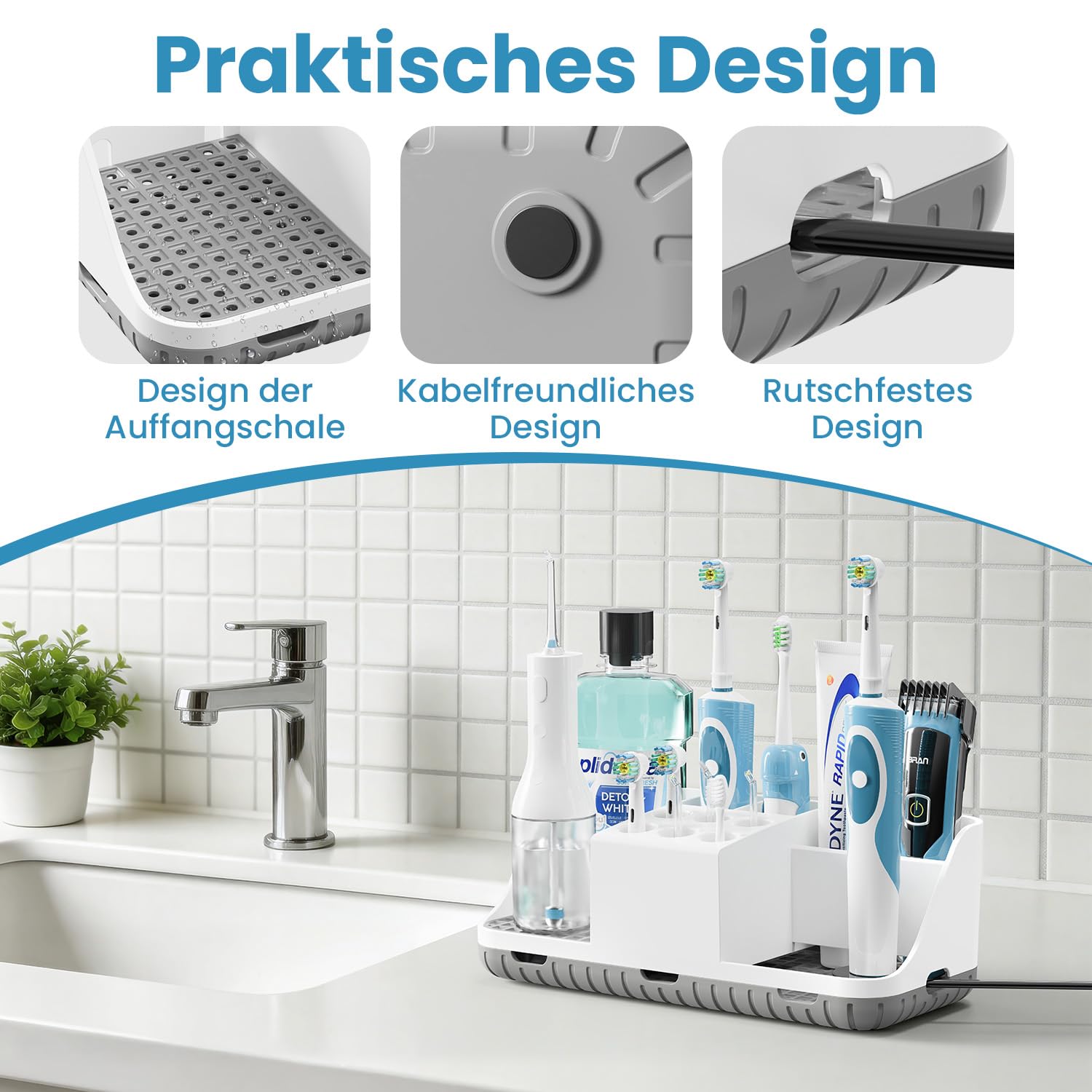 Großer Zahnbürstenhalter mit Versteckter Kabelführung und Ablauf, Abnehmbarer Badezimmer Organizer mit 11 Fächern für Elektrische Zahnbürsten, Zahnbürstenköpfe, Zahnpasta und Munddusche