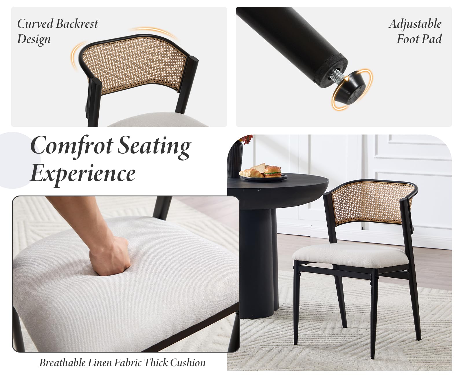 chairus Juego de 2 Sillas de Comedor de Madera Sillas de Cocina con Respaldo de Ratán, Silla Moderna con Asiento de Lino para Mesa/Restaurante, Negro