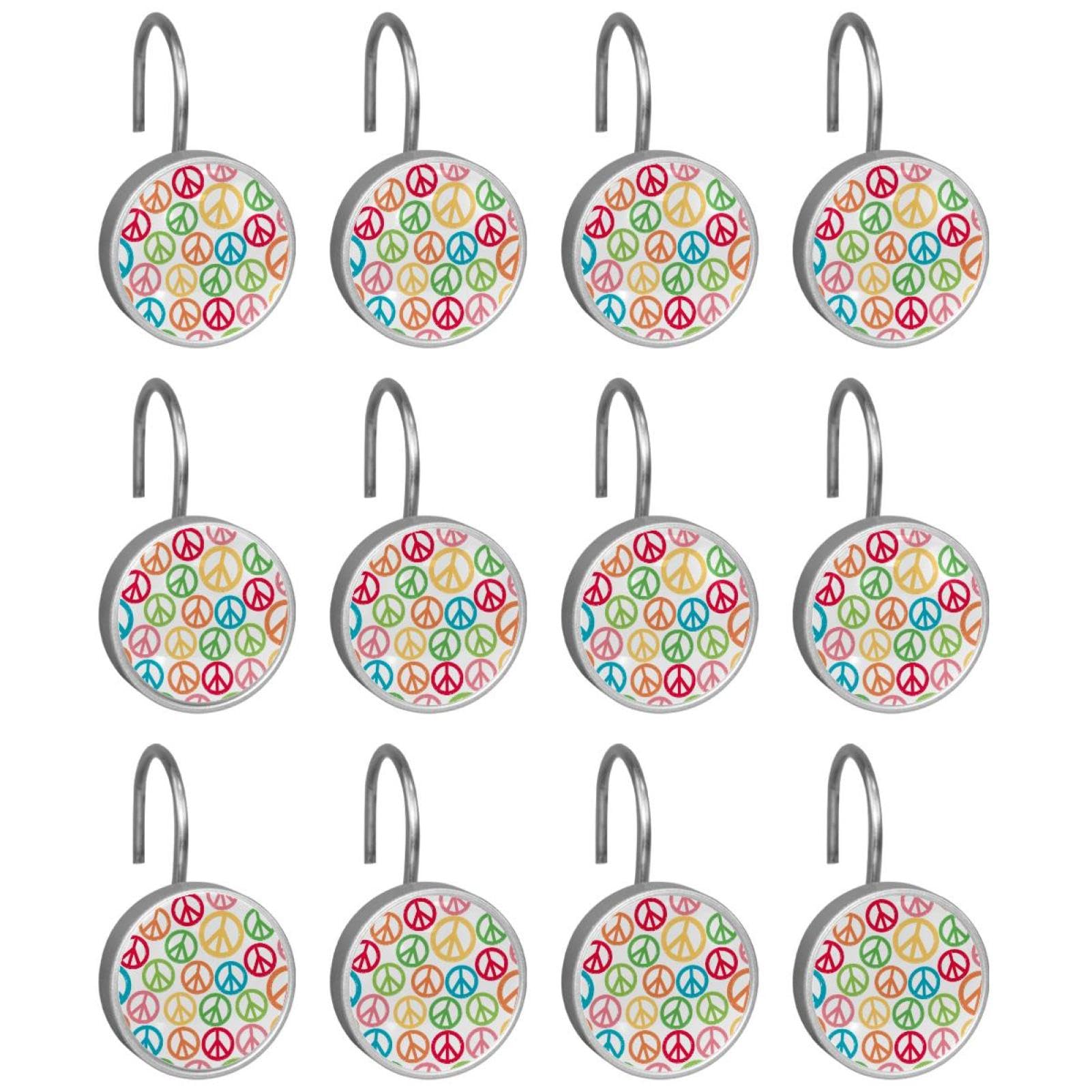Lot de 12 crochets de rideau de douche, motif signe de paix, anneaux de rideau de douche en acier inoxydable, anneaux pour tringles de douche de salle de bain