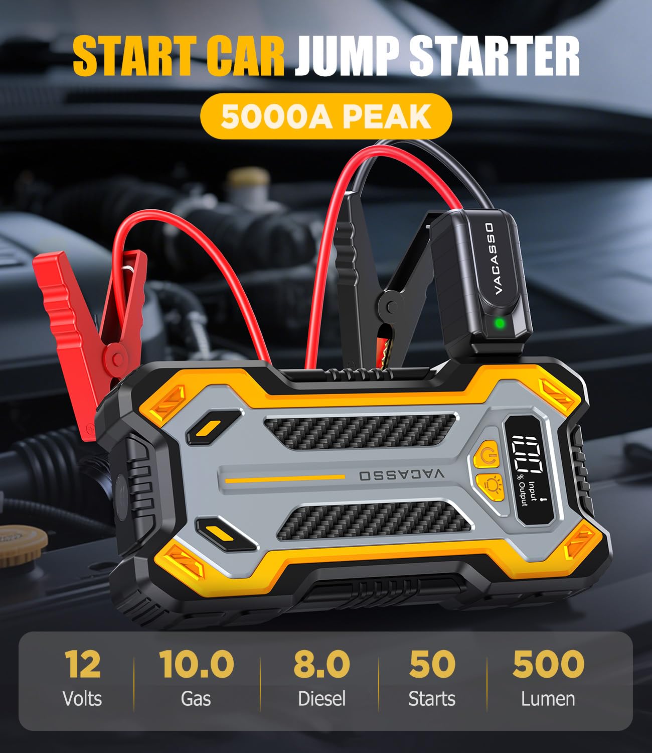 Car Jump Starter, VACASSO 5000A Car Battery Jump Starter for Up to 10L Gas and 8L Diesel Engines, 12V Portable Jumper Starter Power Pack with Booster Car Starter Jump Box, LED Light, Jumper Cable