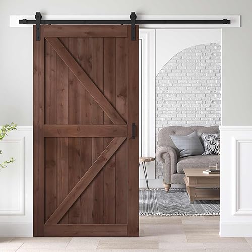 ROYMELO Losa de puerta corrediza de madera de granero de 42 x 84 pulgadas con kit de herrajes y mango de 7 pies, café, forma de K, montaje simple de
