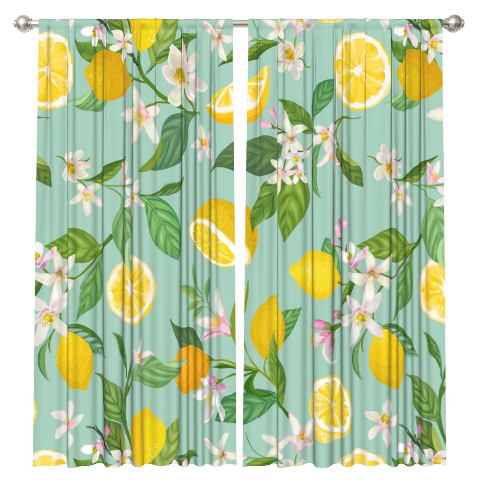 InOmak Teal Lemon And Leaf Printed, 2 Panels Window Curtains 52 x 84 Inch Blackout Curtains for Living Room Bedroom