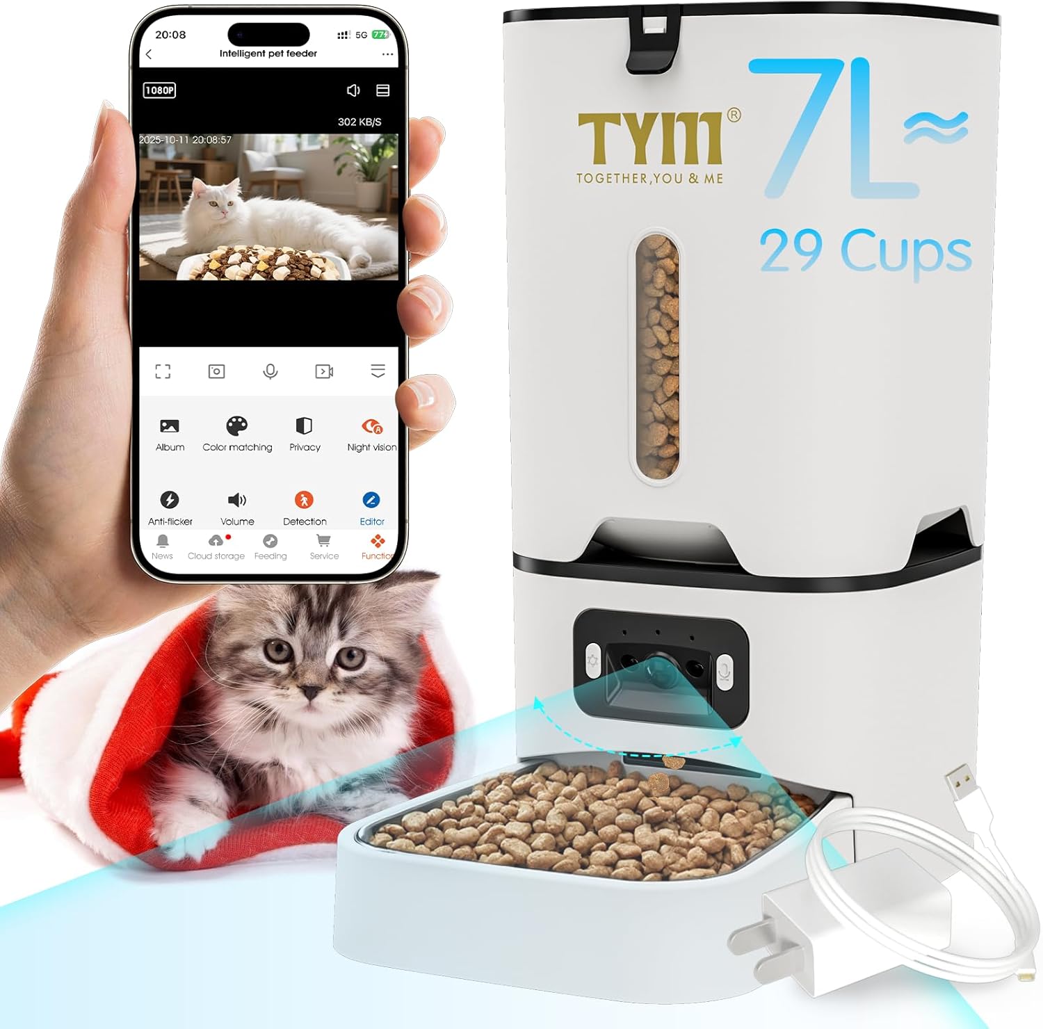 TYM Automatic Cat Feeder with Camera, 5G WiFi Automatic Dog Feeder with APP Control, 7L Remote Feeding Auto Cat Food Dispenser with Pets, for Easy Cleaning White Pet Feeder with Camera
