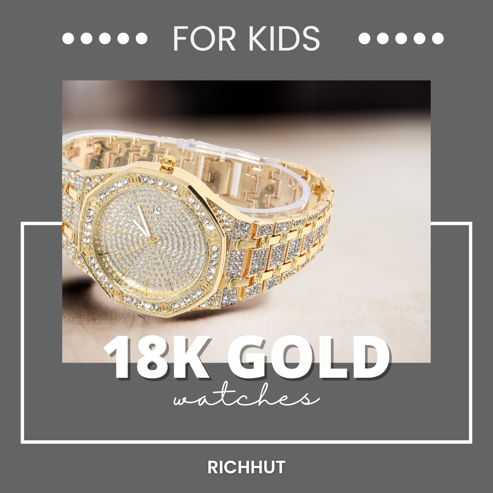 Orologio di lusso con diamanti per bambini e adolescenti, placcato oro 18 carati, quadrante ottagonale da 38 mm, strumento di regolazione incluso, opzionale con catena cubana