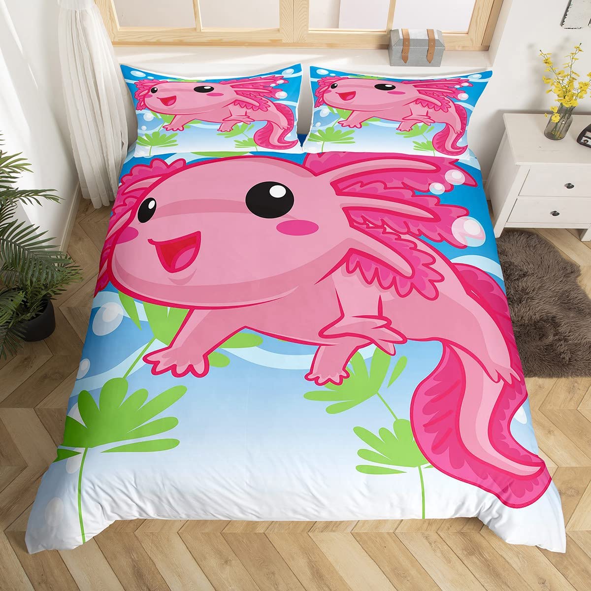 Kawaii Axolotl Comforter Cover Cartoon Pink Axolotl Bedding Set 3D Animals Duvet Cover for Children Kids Boys Girls Microfiber Salamander Bedspread Cover King Size