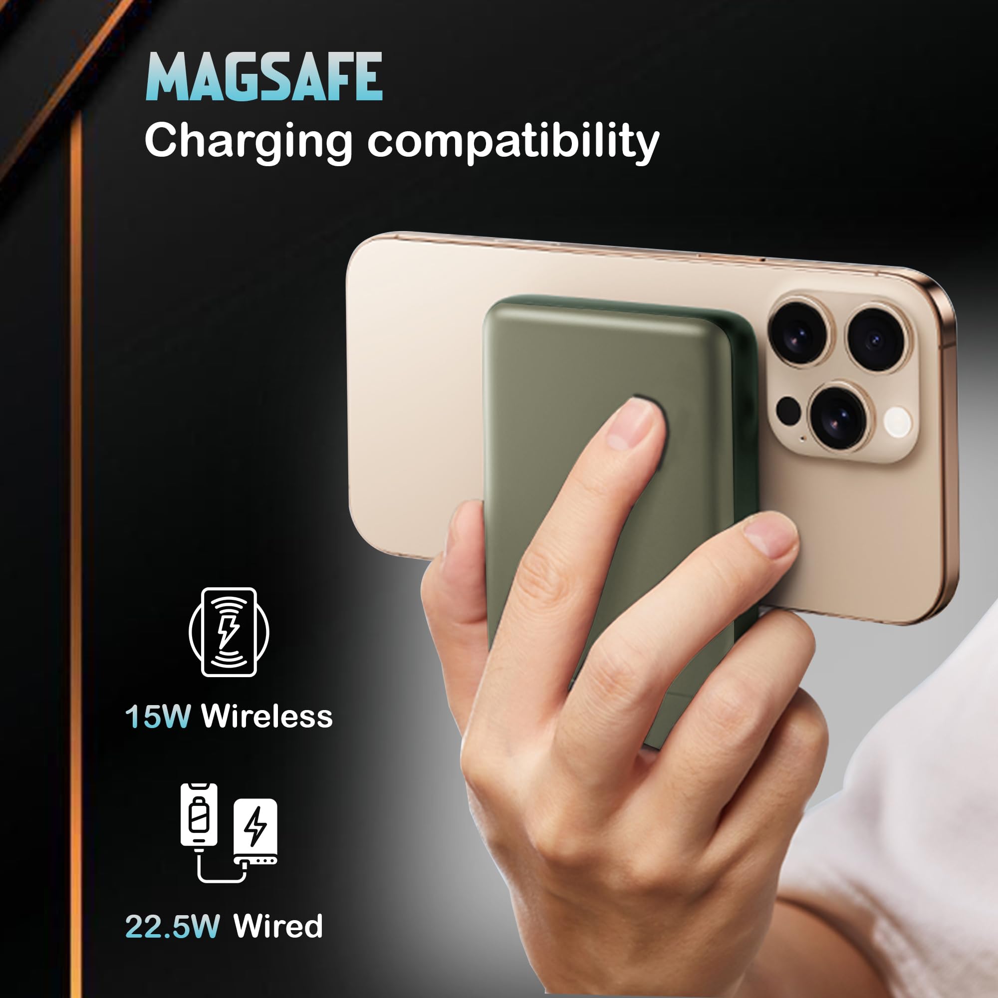 Kratos Magsafe Wireless Power Bank 10000mAh, 22.5W Fast Charging with 15W Wireless Output, Strong Magnetic Hold, USB Type-C, Compatible with iPhone 12 & Above, Android Qi Devices (Green) — Amazon image 5