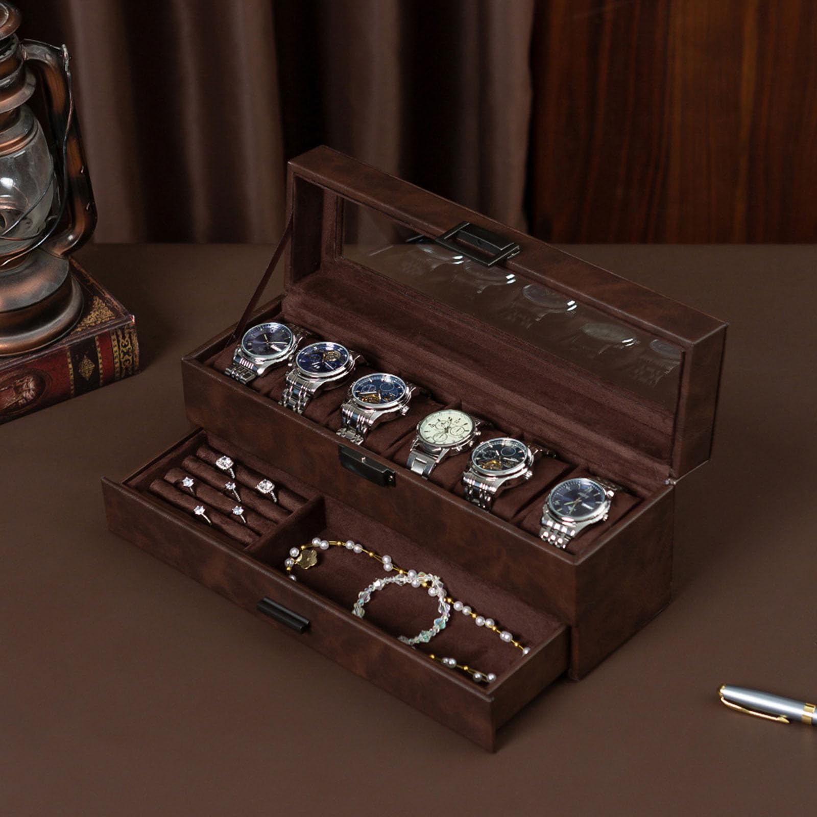 Estuche de almacenamiento de lujo de piel sintética con 6 ranuras y 2 capas para organizar tu colección ordenadamente organizadores de joyas, organizadores de relojes de piel sintética